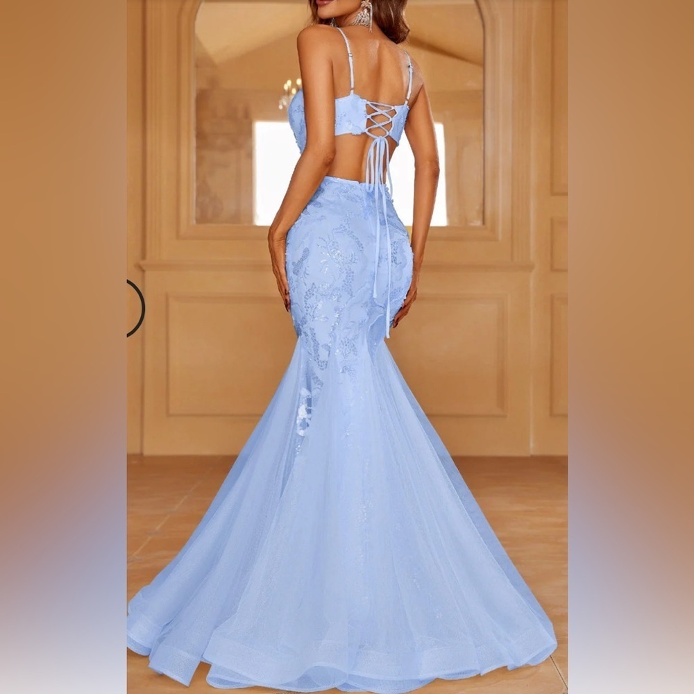 Spaghetti Strap Lace Up Backless Sequin Mermaid Dresses - Picture 3 of 4
